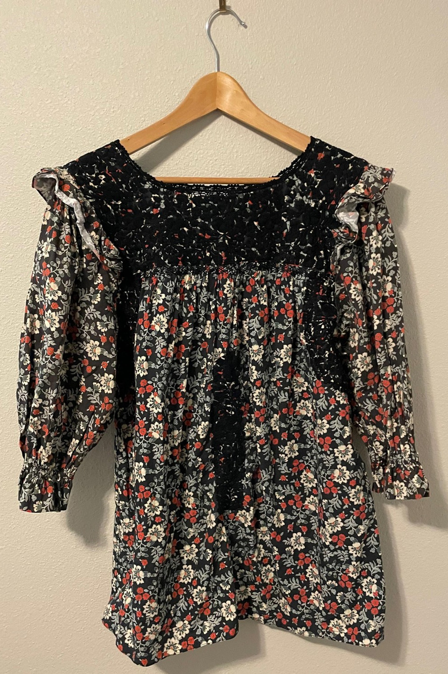 Mi Golondrina Tunic Top Womens Large Floral Embroidered Ruffle Peasant Boho